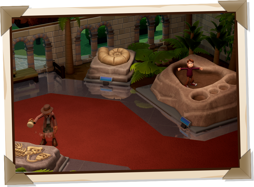 A Two Point Museum screenshot shows a small child who's climbed onto a large fossilised foot print, they look worried in the direction of a museum expert, who has their back turned cleaning a fossilised fish. The museum has a red carpet laid on top of reflective marble tiles.