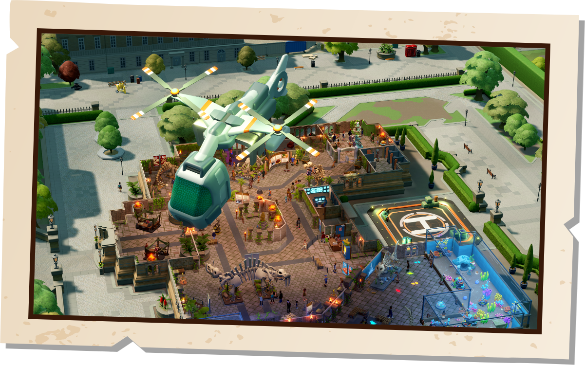 A screenshot of a birds eye view down towards a museum, concentrating on the explorer helicopter skin, which is a light green colour.