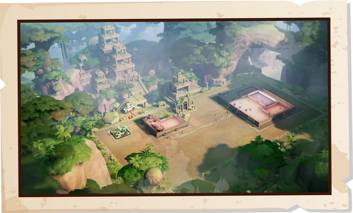 An overhead screenshot of the special edition pop-up location. The museum is situated within a lush rainforest area, on top of a plateau. Some stacked ruins surround the area.