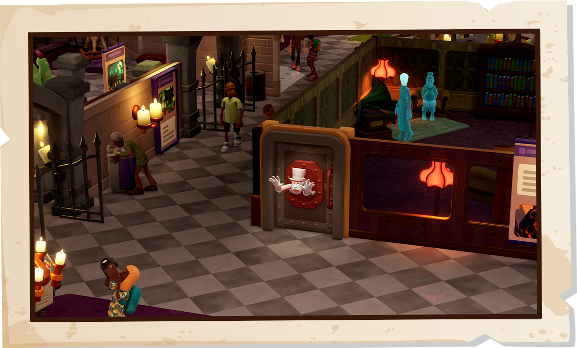 A screenshot of a ghost breaking out of their polterguest room in Two Point Museum, they have a large grin with a surprised look as they push themselves through the door.