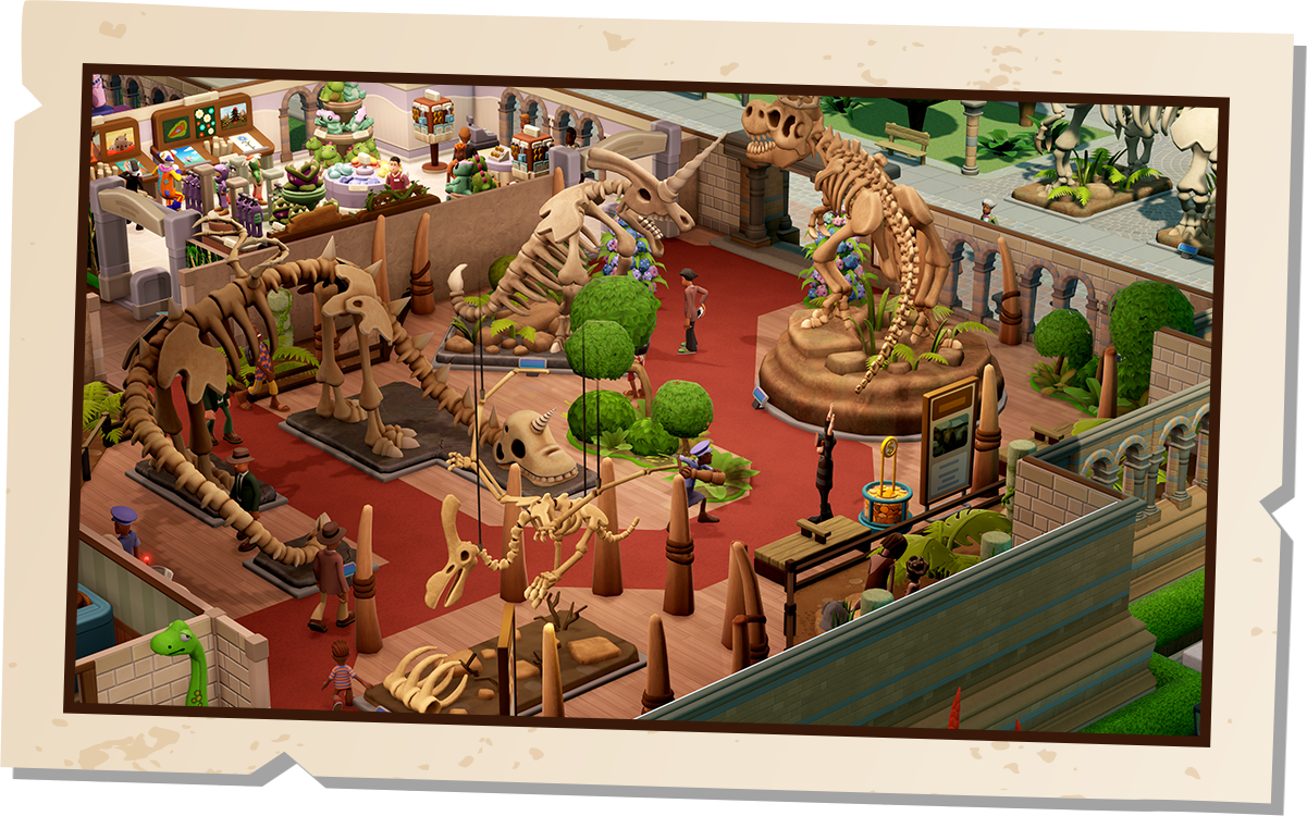 An overhead screenshot of Two Point Museum, showing a lush area surrounding large dinosaur skeletons. A security guard is busy apprehending a thief, who has their arms raised above their head, the guard is holding a large pepper mill.