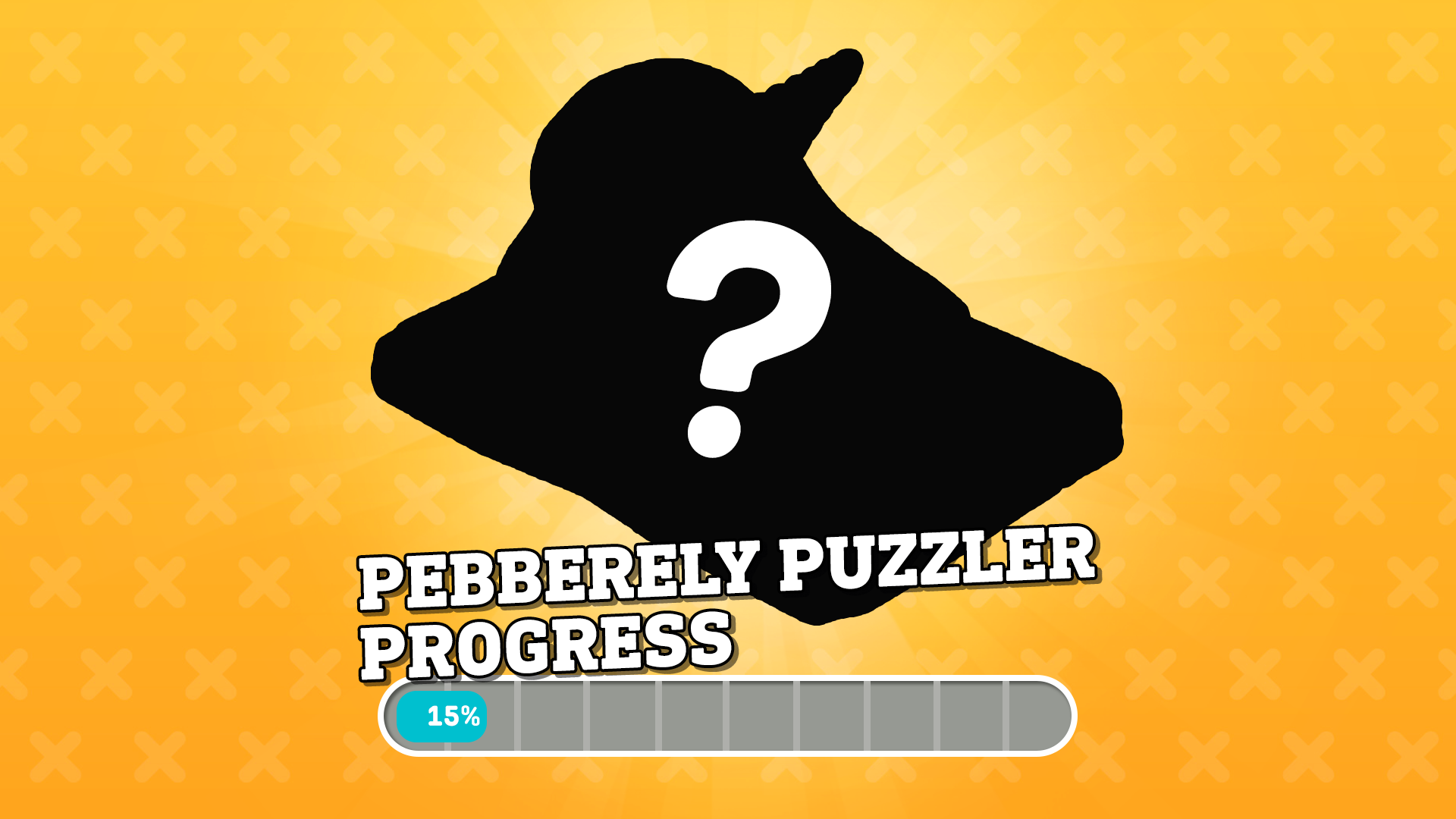 A banner with mystery item's silhouette, with a white question mark in the centre. It its on a yellow background that's decorated with a cross pattern and light is shining out from behind the item. In big bubble text it says Pebberely Puzzler Progress. A progress bar on 15 percent sits at the bottom of the image.