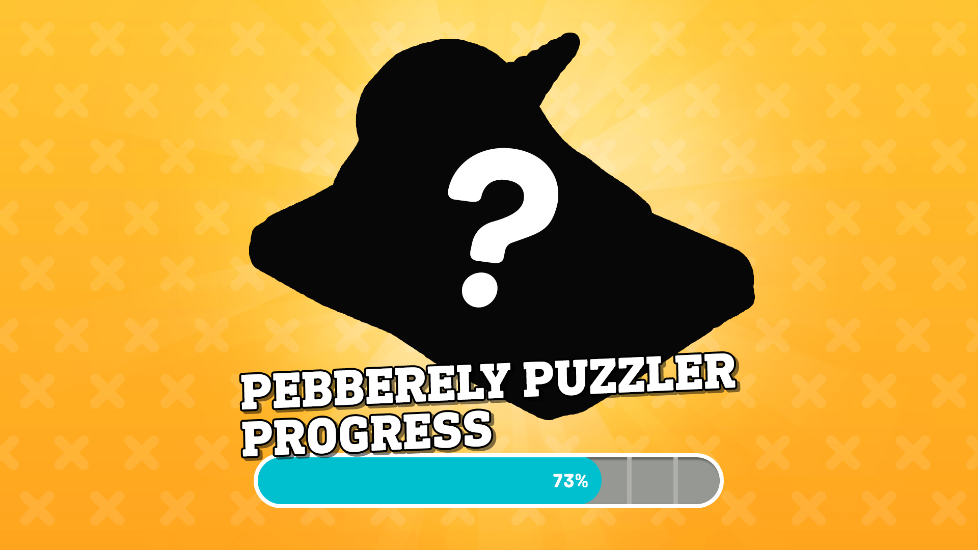 A banner with mystery item's silhouette, with a white question mark in the centre. It its on a yellow background that's decorated with a cross pattern and light is shining out from behind the item. In big bubble text it says Pebberely Puzzler Progress. A progress bar on 73 percent sits at the bottom of the image.