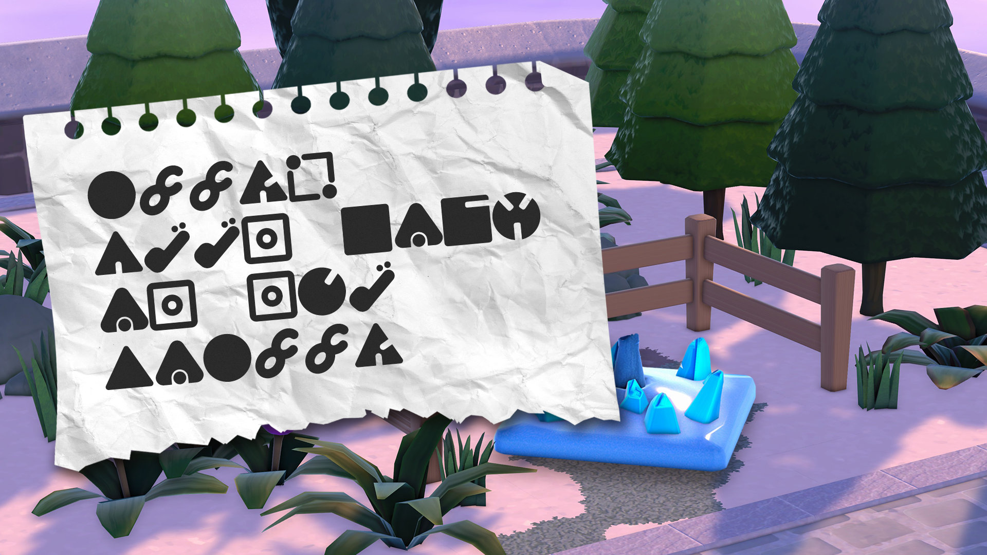 A screenshot of a snowy outdoor area in Two Point Campus, showing a plinth with an item stolen. A note on ripped paper sits in the foreground, with a sentence six words long typed in a mystery language of symbols. Some symbols repeat several times. First word is five symbols: circle, infinity, infinity, two cuts triangle, two dots square outline Second word is four symbols: one cut triangle, snail, snail, circle in box Third word is two symbols: quare, circle in box Fourth word is three symbols: Circle in box, one cut circle, snail Fifth word is six symbols: triangle, onigiri, circle, infinity, infinity, two cuts triangle